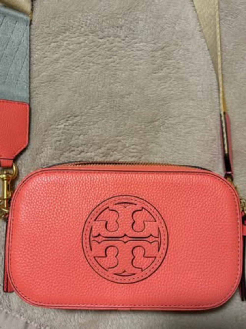 Tory Burch Coral Pebbled Leather Logo Camera Crossbody
